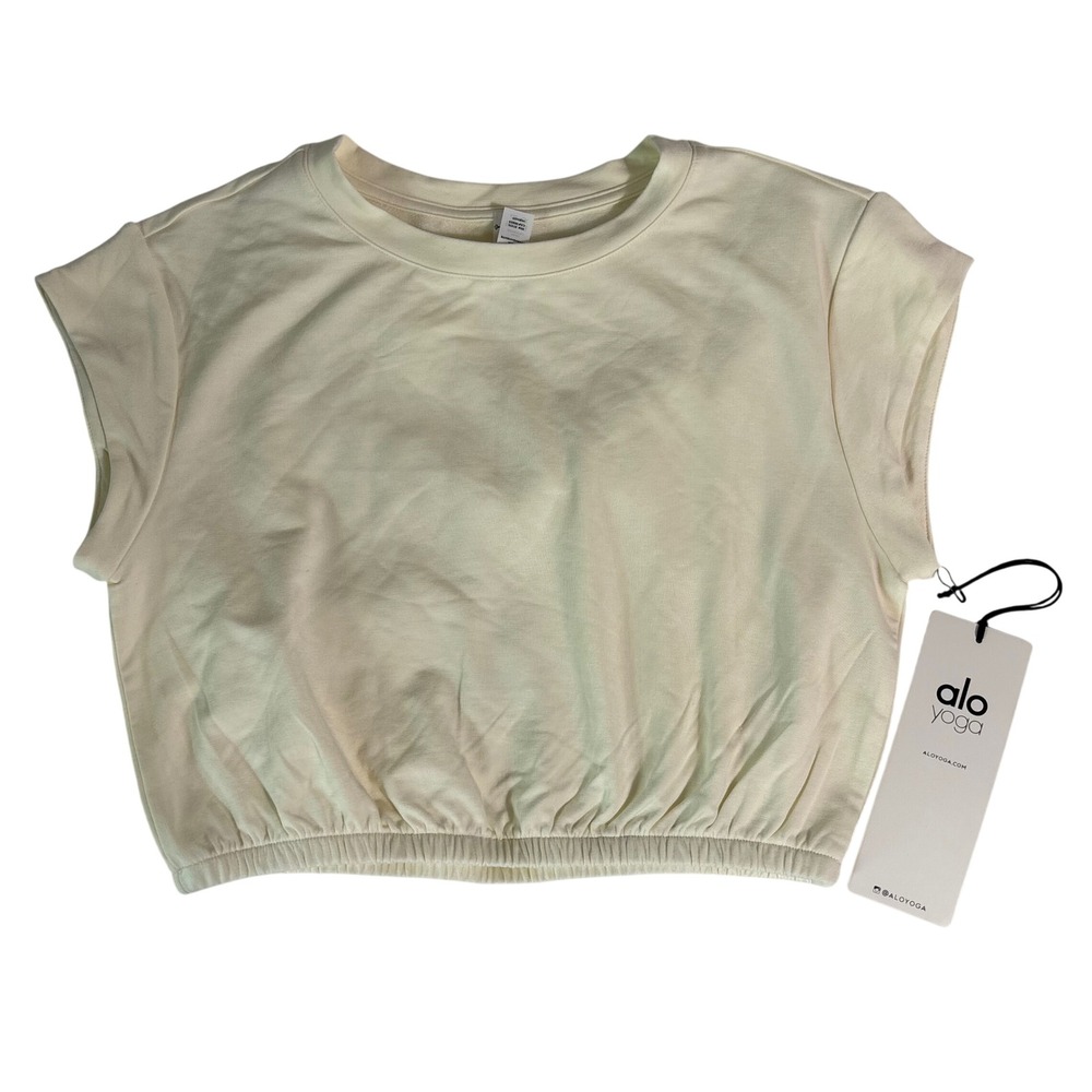 Alo Yoga Dreamy Crop Short Sleeve Ivory White Baby French Terry Top W1403R XS